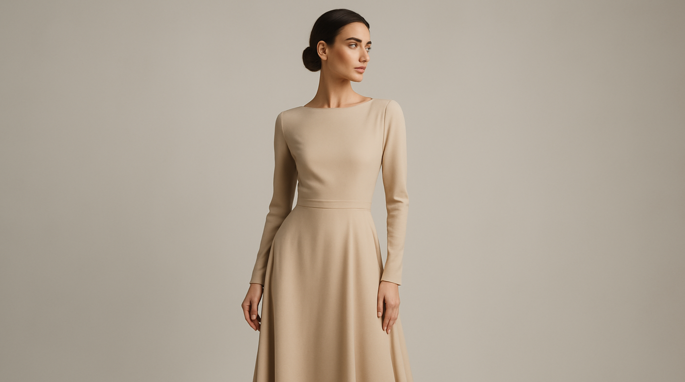 model woman wearing a elegant beige long dress light grey background photo studio